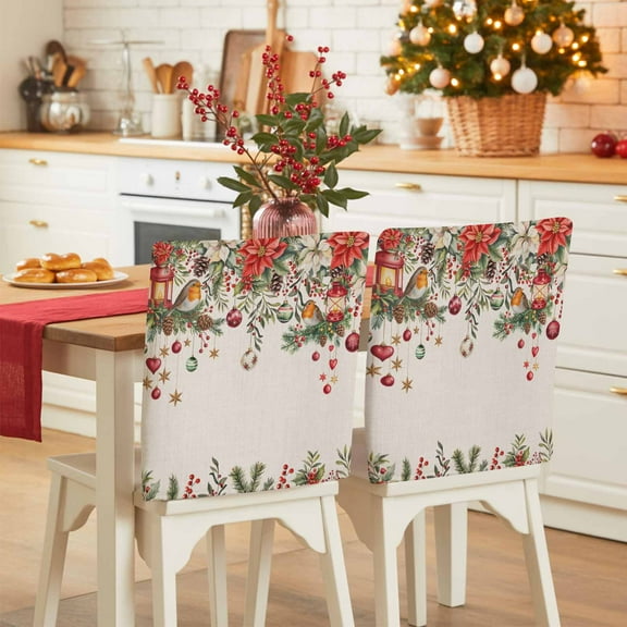 Rustic Christmas Chair Covers Set of 4 Xmas Poinsettia Balls Botanical Birds Chair Back Covers Stretch Removable Washable Slipcovers Protector for Dining Room Kitchen Party Decor