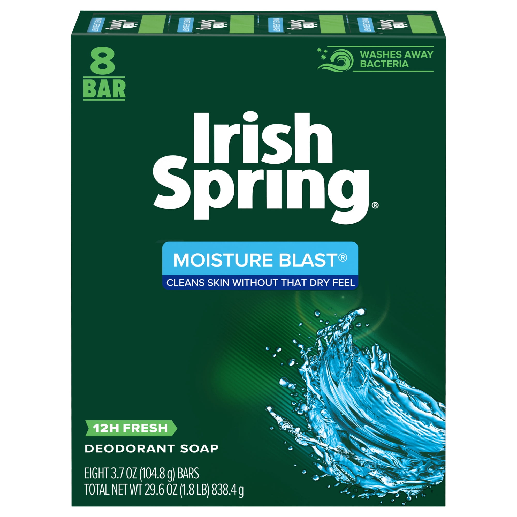 Irish Spring Moisture Blast Deodorant Bar Soap for Men, All Skin Types, 3.7 Ounce, 8 Bar Pack
