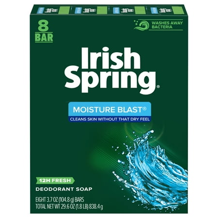 Irish Spring Moisture Blast Deodorant Bar Soap for Men, All Skin Types, 3.7 Ounce, 8 Bar Pack