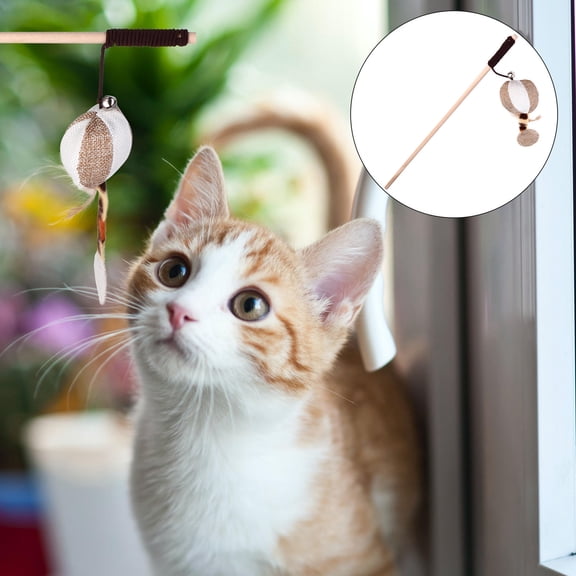 FOMIYES Feather Cat Teasers Beige Wood and Linen for Indoor Cat Exercise 5Pcs