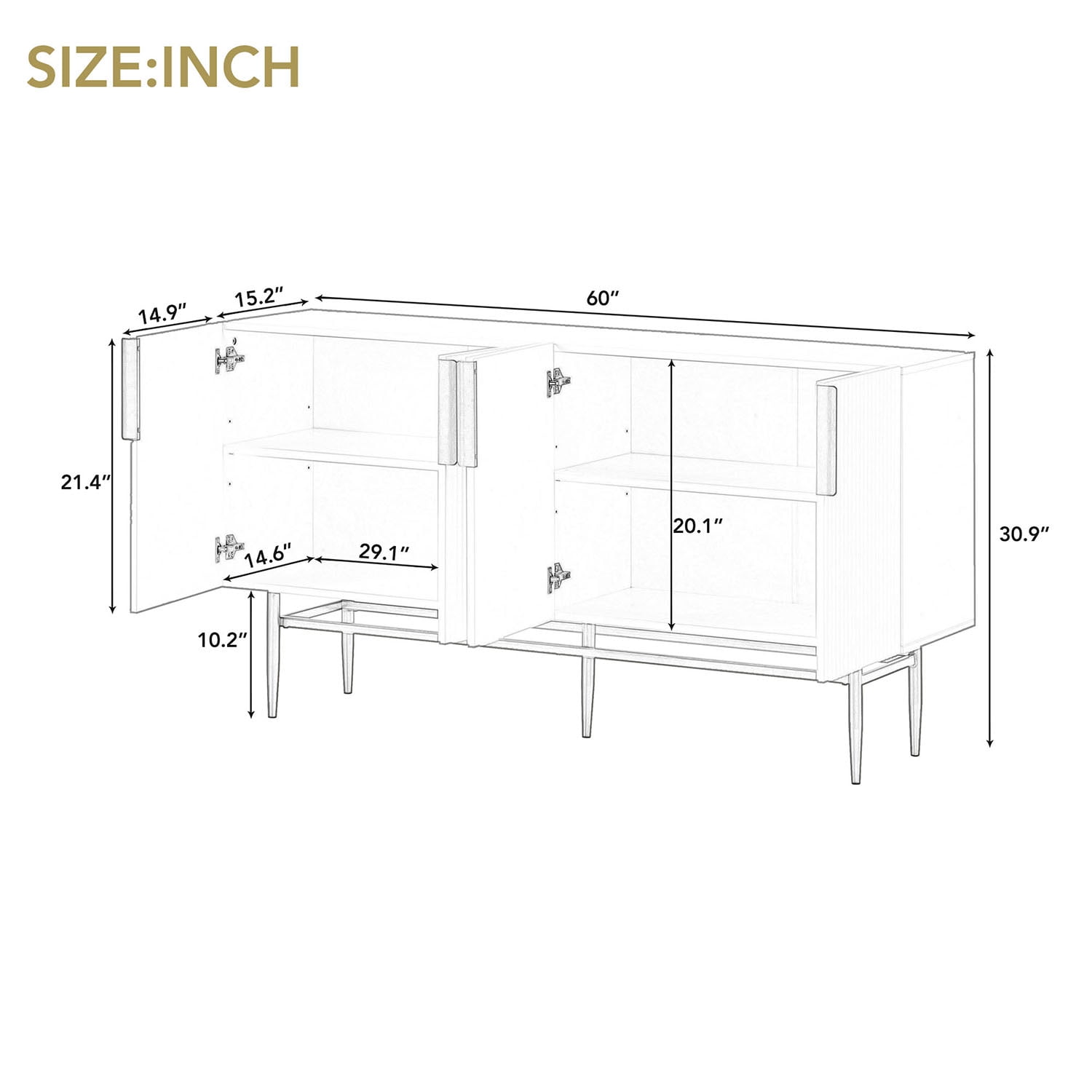 Kadyn 4-door Sideboard Buffet Cabinet, Accent Storage Cabinet with Gold Metal Handle, Kitchen Storage Cabinet for Hallway, Black