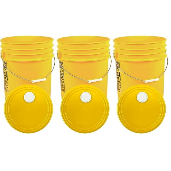 Yellow 5 Gallon Buckets and Spout Lids Food Grade Combo 3 Pack