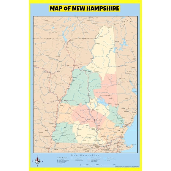 New Hampshire Map Poster - Laminated Wall Map - Style C - 18x24 - Ideal for Classrooms and Homes – Features Bright Colors and Vivid Imagery