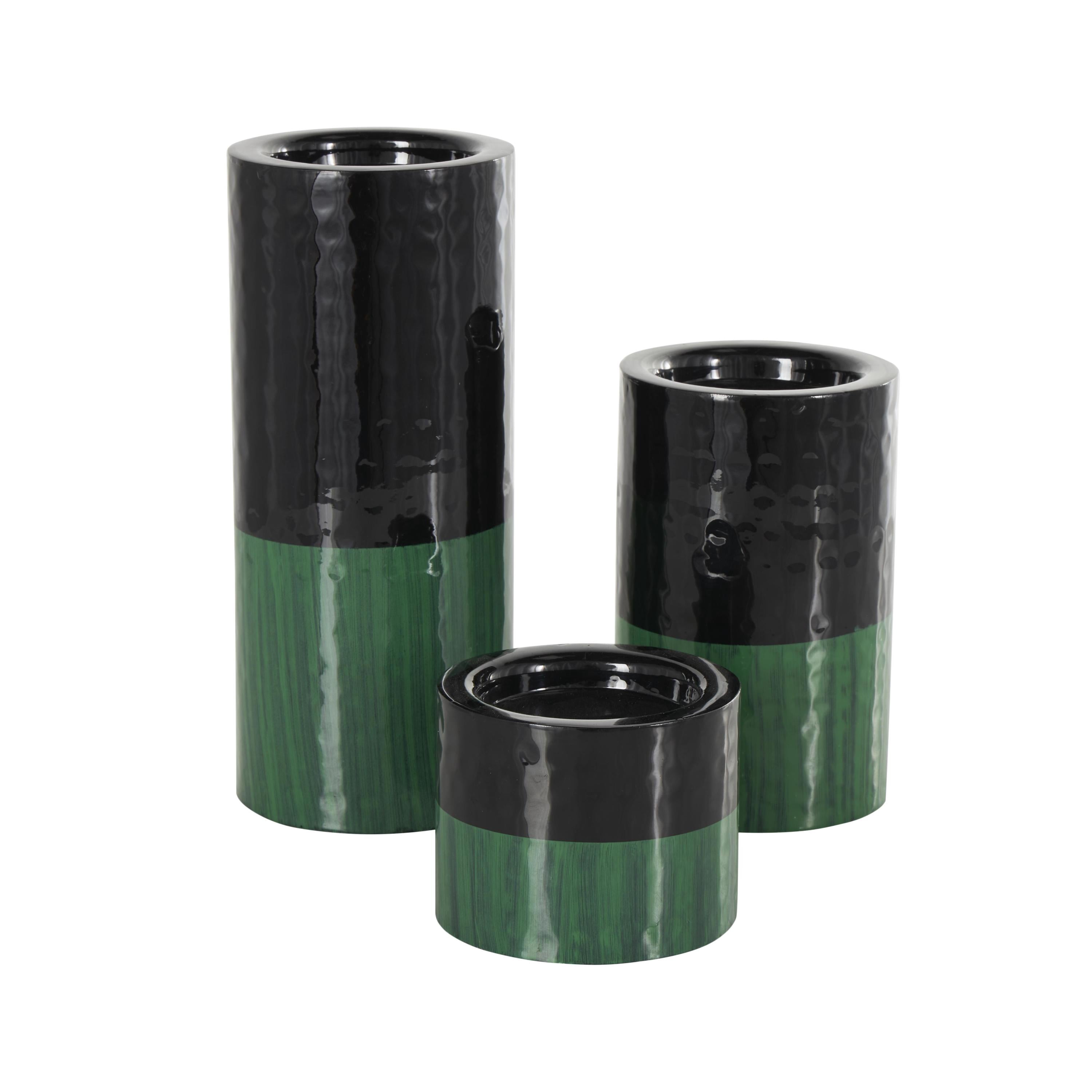 DecMode 3 Candle Green Metal Colorblock Candle Holder with Paint Streak Designs, Set of 3