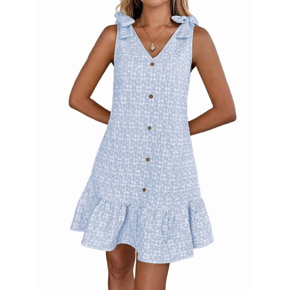 Women'S Spring V Neck Sleeveless Jacquard Sundresses Button Decoration Flowy Summer Dresses for Women S
