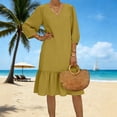 thumbnail image 2 of VEKDONE Women Cotton Linen Tshirt Dresses Fashion 3/4 Puff Sleeves V-Neck Patchwork Dress Solid Color Baggy Comfy Pleated Dress Vacation Beach Dresses Yellow XXL, 2 of 9
