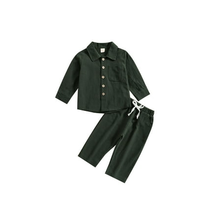 

Huakaishijie Toddler Boy Pants Set Solid Color Long Sleeve Button Down T-Shirt Tops and Pants Outfits