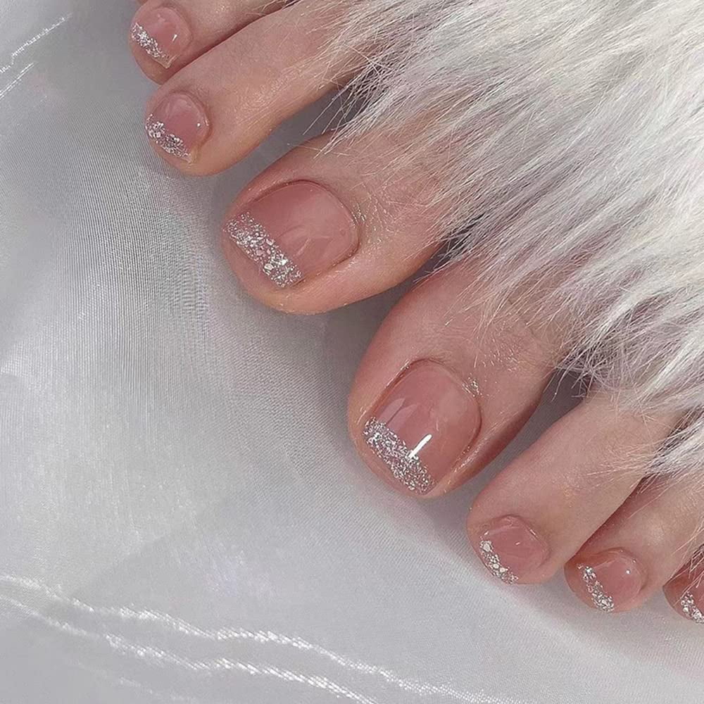 Press on Toenails Short Fake Nails Naked Powder Glitter Exquisite