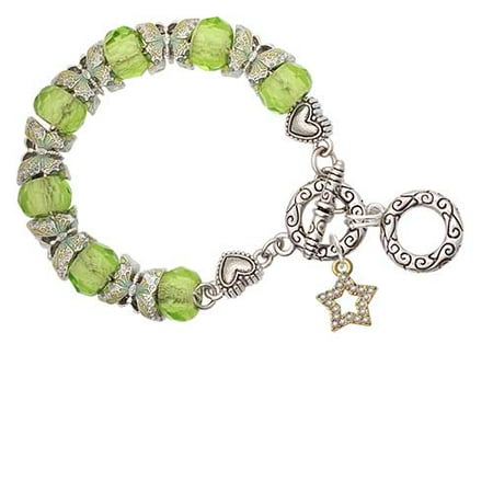 Crystal Star Charm Bracelet - Goldtone Open Star with Clear AB Crystals Lime Green Butterfly Bead Charm Bracelet