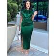 thumbnail image 4 of Women'S Satin High Slit Maxi Dress - Elegant Mock Neck Cap Sleeve Formal Attire Green L, 4 of 7