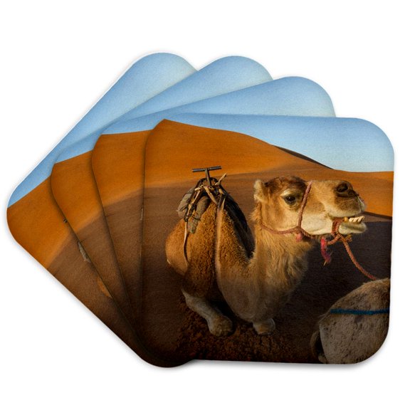 3drose, Morocco, Sahara. a Camel Appears to Be Smiling on the Dunes., Set of 4 Coasters - Soft