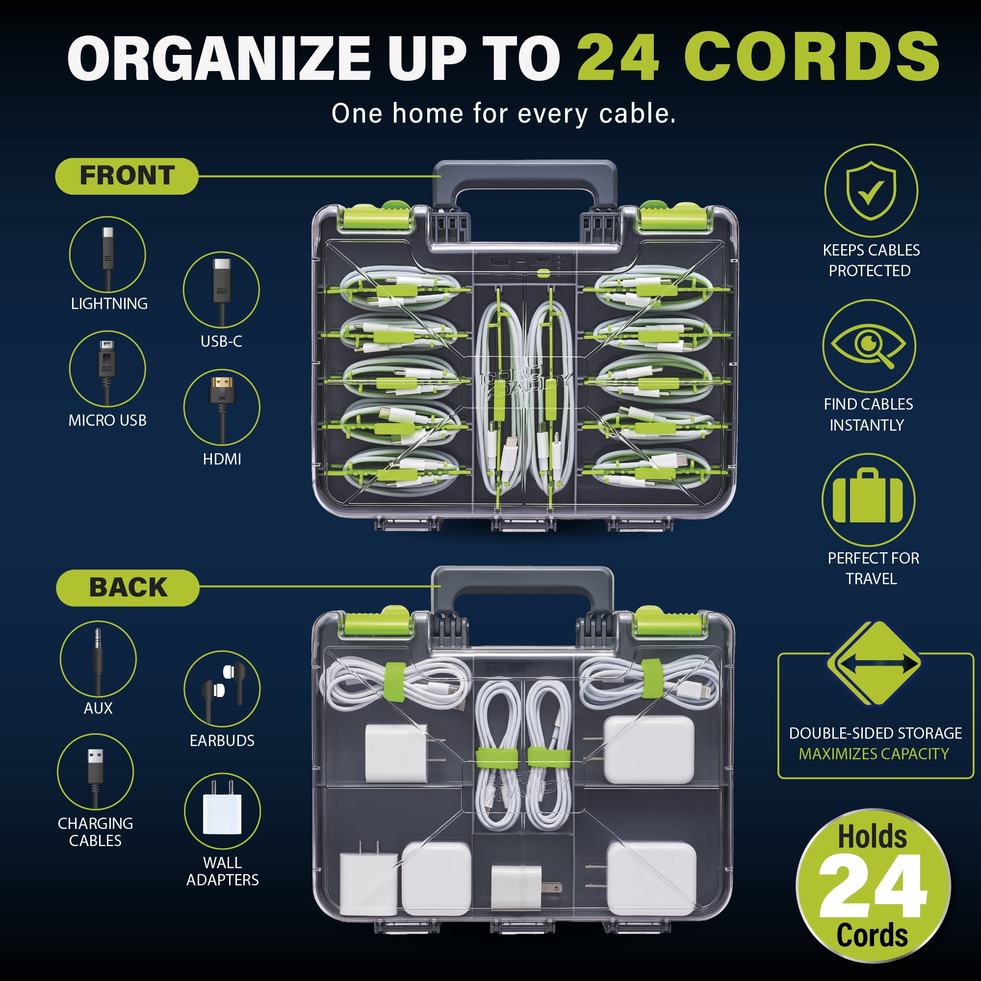 Ontel Cord Daddy Cord Organizer Case for Cables and Chargers, Tech & Electronics Organizer | Holds Cords, Cables, Chargers & Accessories | Compact Zip Case