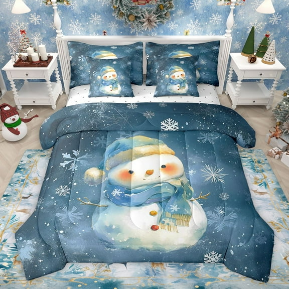 Castle Fairy Kawaii Xmas Snowman Twin Bedding Sets 7-Piece for Kids Children Teens,Gradient Christmas Snowflakes Bedding Comforter Set Microfiber,Happy New Year Breathable Sheet Sets