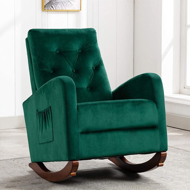 Velvet Rocking Chair Mid Century Modern Nursery Armchair Upholstered Tall Back Accent Glider Rocker For Living Room Beige Com Velvet Rocking Chair Mid Century Modern, Tall Back Armchair