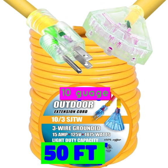 50 ft 10 3 Power Extension Cord Powerful Heavy Duty 15 Amps, 125 Volts, 1,875 Watt 10 Gauge Extension Cords 50 Foot Outlets Lighted Ends 10/3 Extension Cord 50 ft