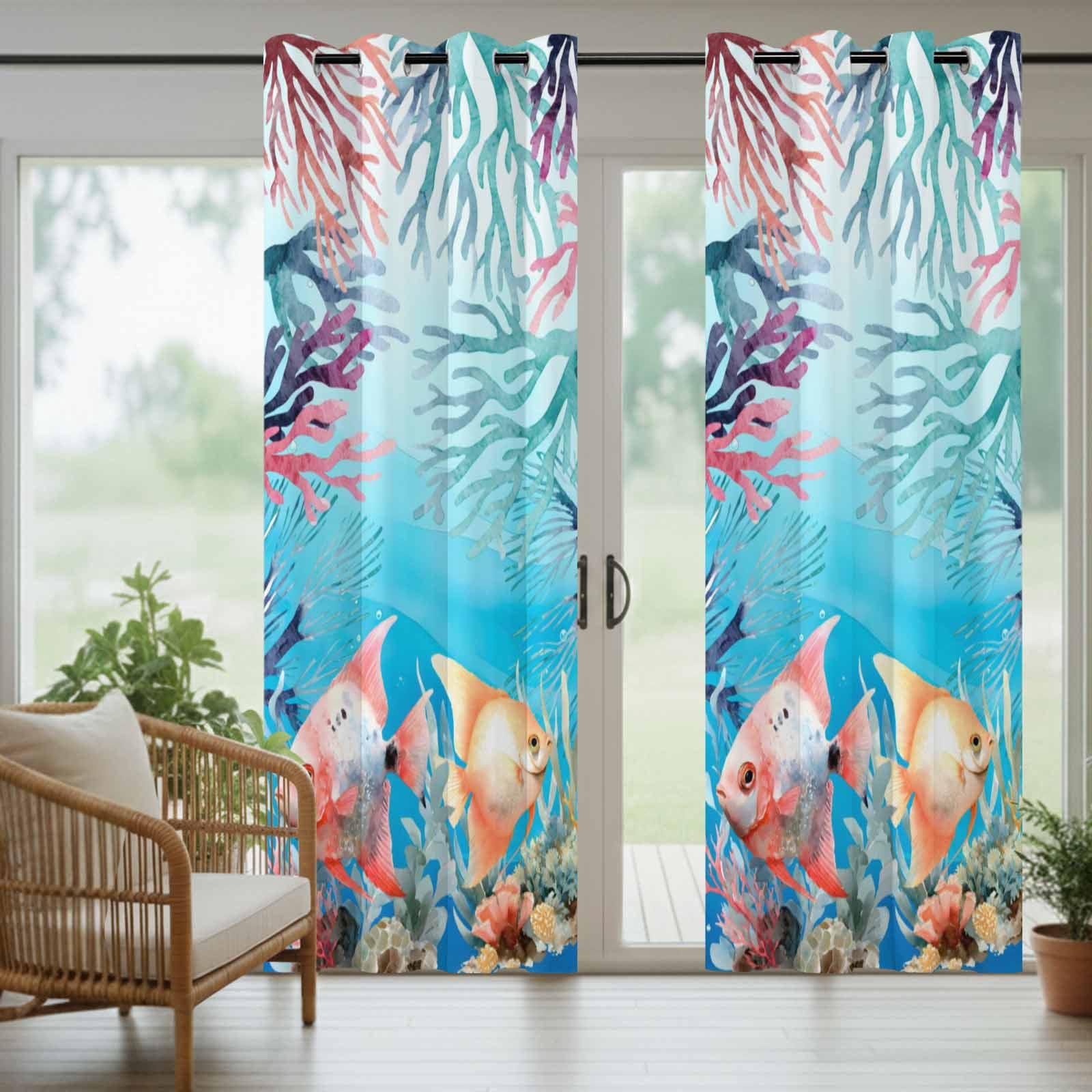Summer Fish Outdoor Curtains for Patio, Nautical Watercolor Orange Red Blue Marine Life Coral Seaweed Sunshade Privacy Drapes Grommet Waterproof Outside Curtains for Porch Balcony 54"x108", 1 Panel