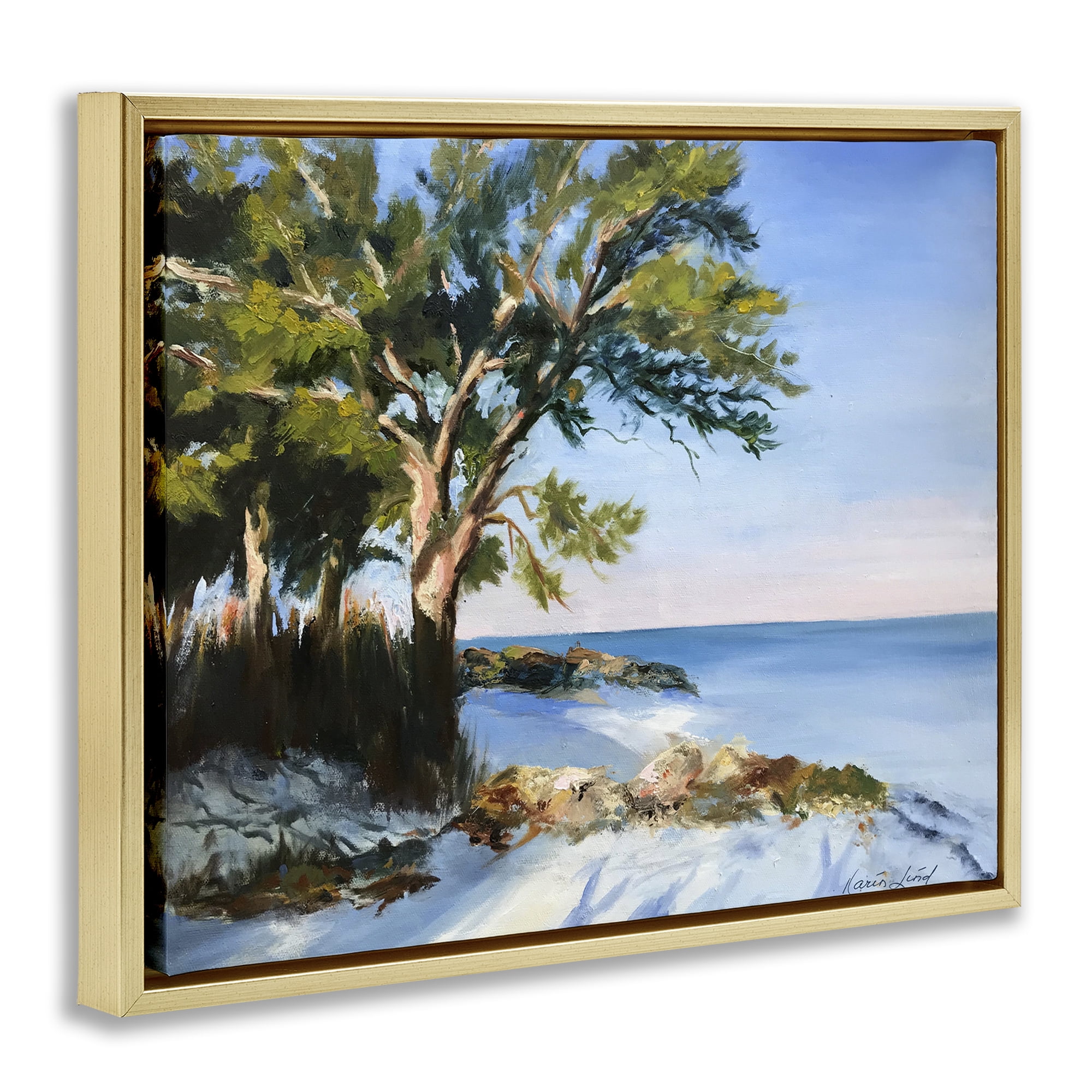 Stupell Industries White Sand Beach Landscape Painting Gold Floater Framed Canvas Art Print Wall Art, 21 x 17