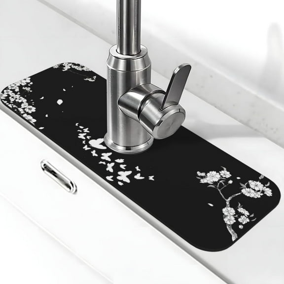 Black Faucet Mat for Kitchen Sink Butterflies Mat Flowers Drying Mat Super Absorbent Sink Faucet Mat for Kitchen Bathroom Sink Cafe Bar Faucet Decor Gifts (black flowers butterflys, 15" x 5.5")