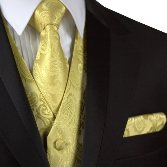 "BEST TUXEDO" Men's Formal, Wedding, Prom, Homecoming, Tuxedo Vest, Tie & Hankie Set in Gold Paisley