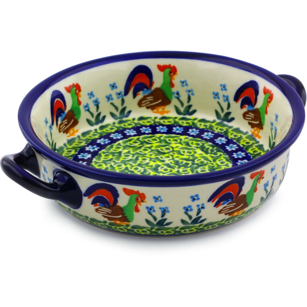 Polish Pottery 6inch Round Baker with Handles (Country Rooster Theme