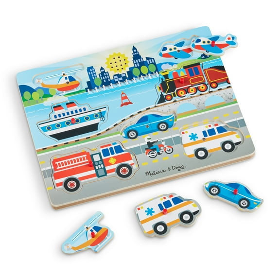Melissa & Doug Wooden 7-Piece On the Move Vehicles Sound Puzzle