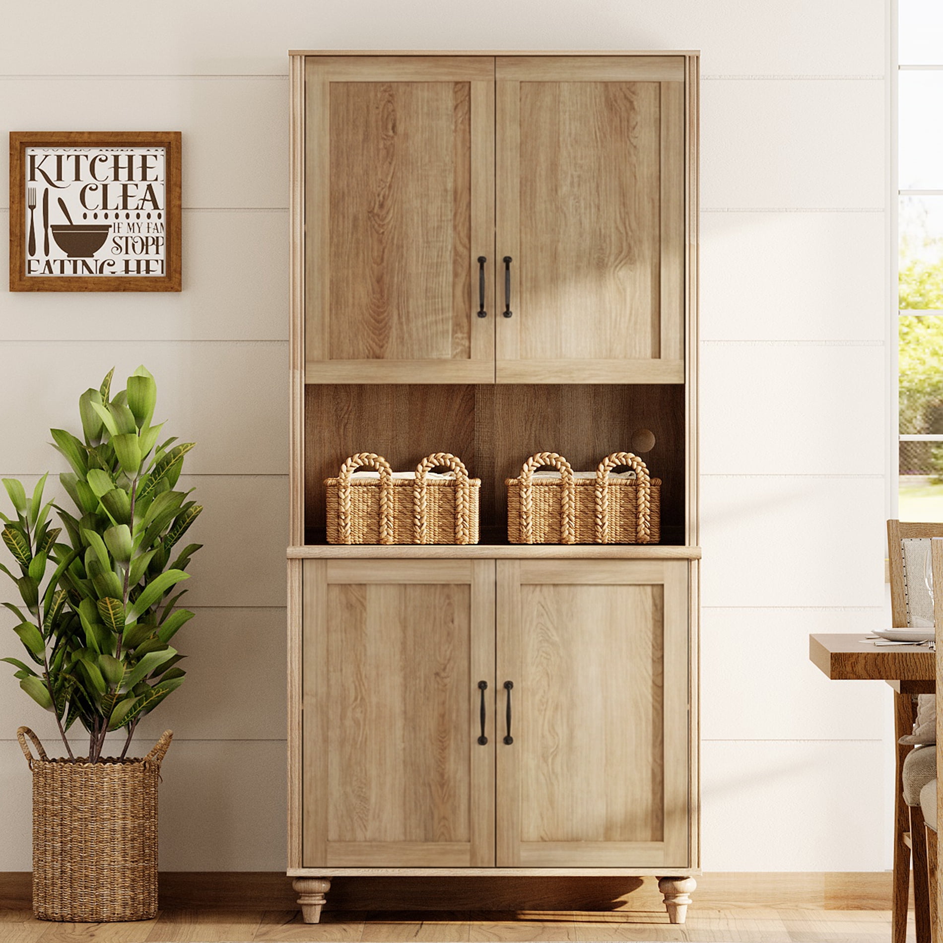 Oak 5-Tier Bookcase with Wood Doors, Bookshelf with Ample Storage Cabinet, Farmhouse Library Wooden Bookshelves for Living Room, Office, Kitchen