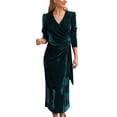 thumbnail image 1 of ZAXARRA Robe Midi Moulante en Velours pour Femmes Couleur Unie Col en V à Nouer Manches Longues Robe de Soirée Printemps Automne, 1 of 5