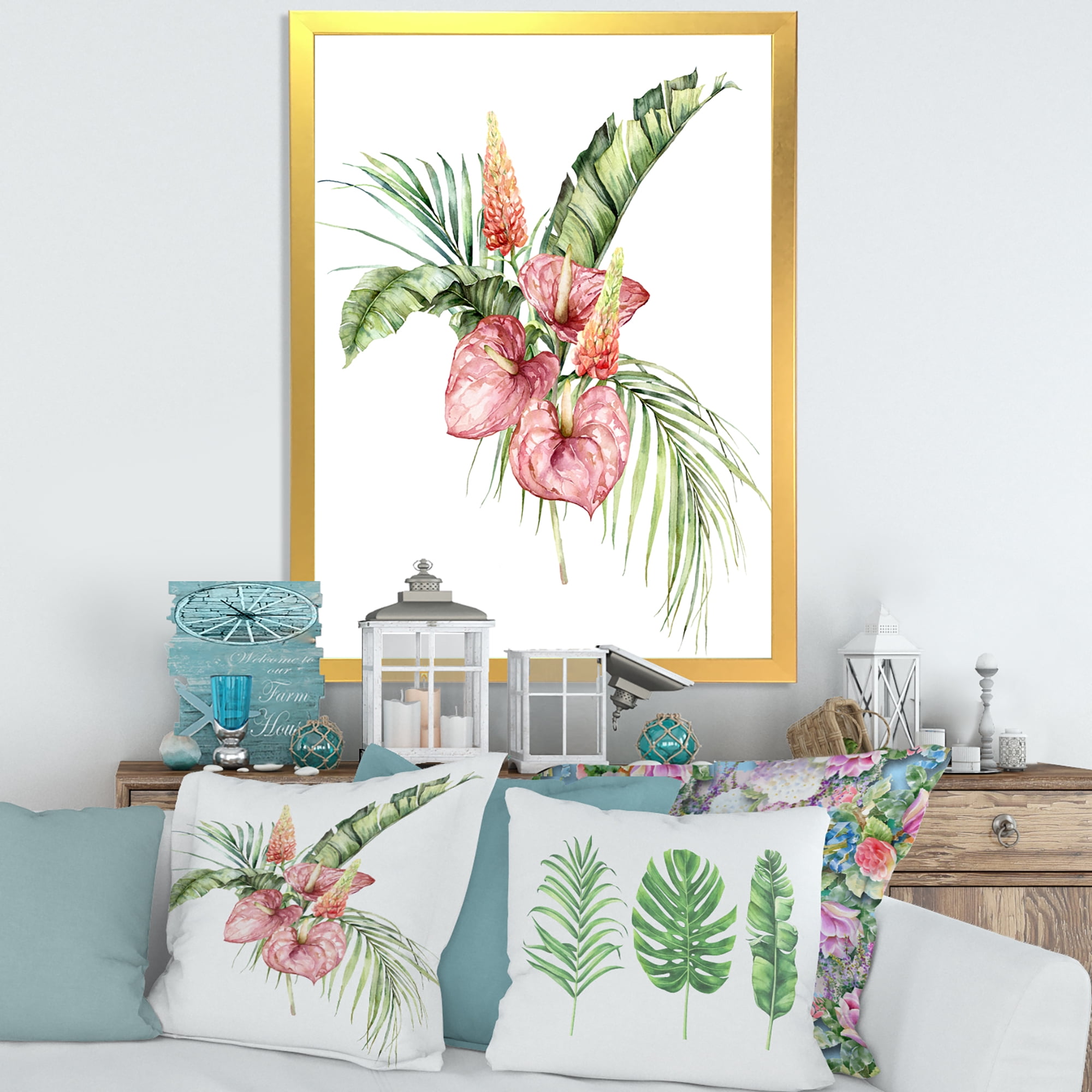 Designart 'Tropical Bouquet With Anthurium Lupine and Leaves On White II' Traditional Framed Art Print