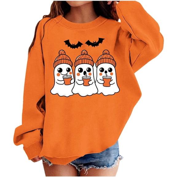 Cethrio Girls Halloween Sweatshirts Size 6, Crew Neck Long Sleeve Printed Fall Winter Halloween Tops Orange