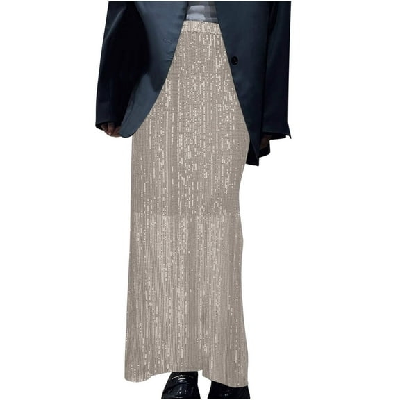 Lovskoo Women's Sequin Maxi Skirt High Waist Elegant Loose Sparkle Ankle Length Skirt Khaki