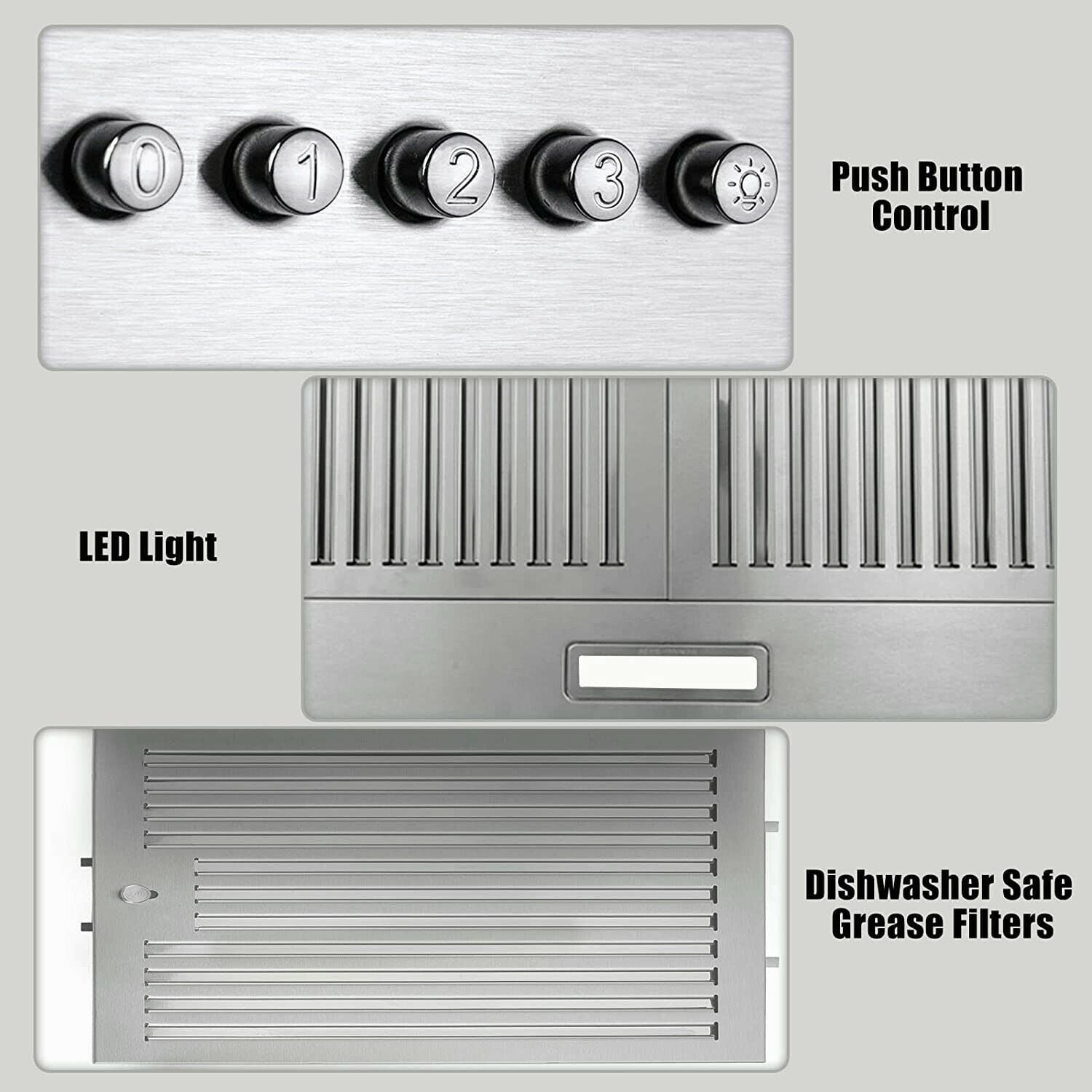 36 inch Range Hood Wall Mounted Vent Hood Stainless Steel Ducted/Ductless 3 Speed Exhaust Fan
