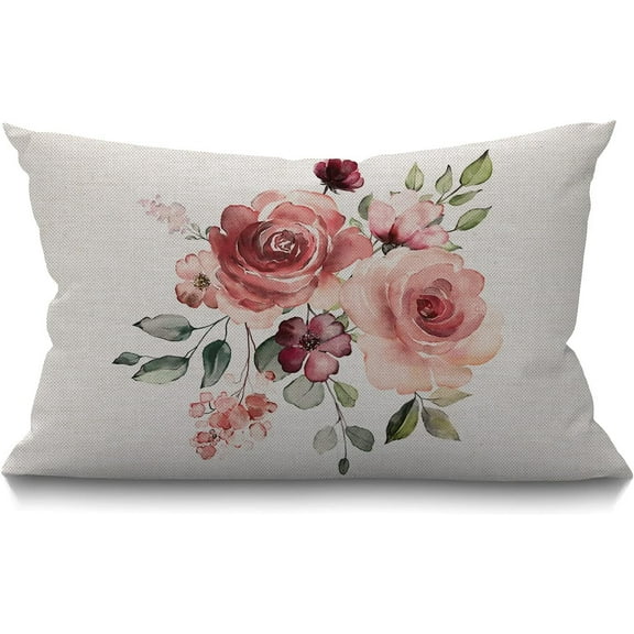 Flower Throw Pillow Cover Flower Floral Leaf Buds Pillow Case Waist Lumbar Red Cotton Linen Throw Pillow case Cushion Cover Sofa Home Decorative Rectangle Oblong 12x20 Inches