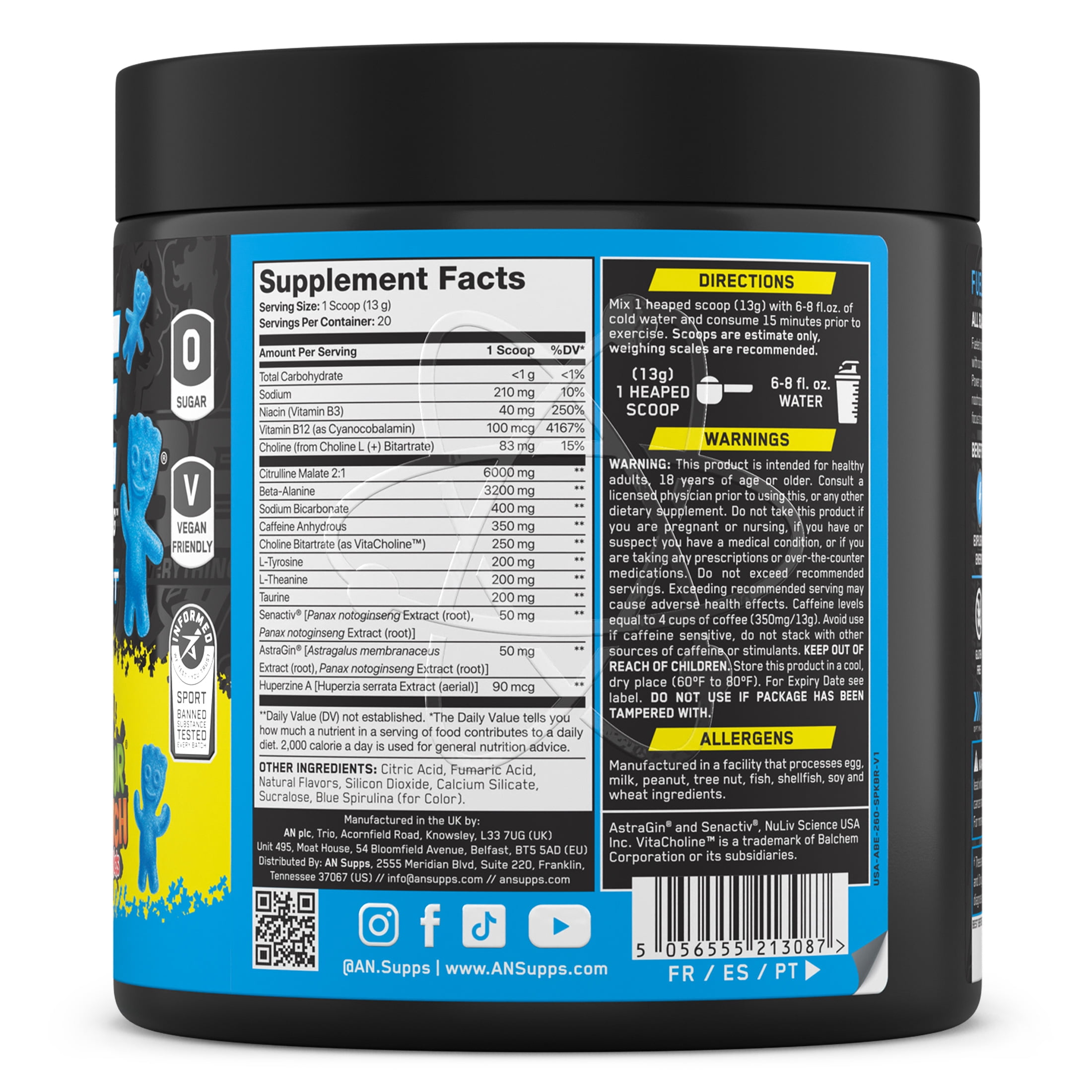 ABE Caffeine Pre Workout Powder, Sour Patch Kids Blue Raspberry Flavor, 20 Servings