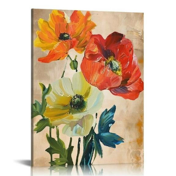 JRXY Flower Wall Art Colorful Poppy Canvas Prints Wall Decor Pictures Modern Abstract Floral Artwork for Living Room Bedroom Bathroom Home Decoration Framed 12x16 in