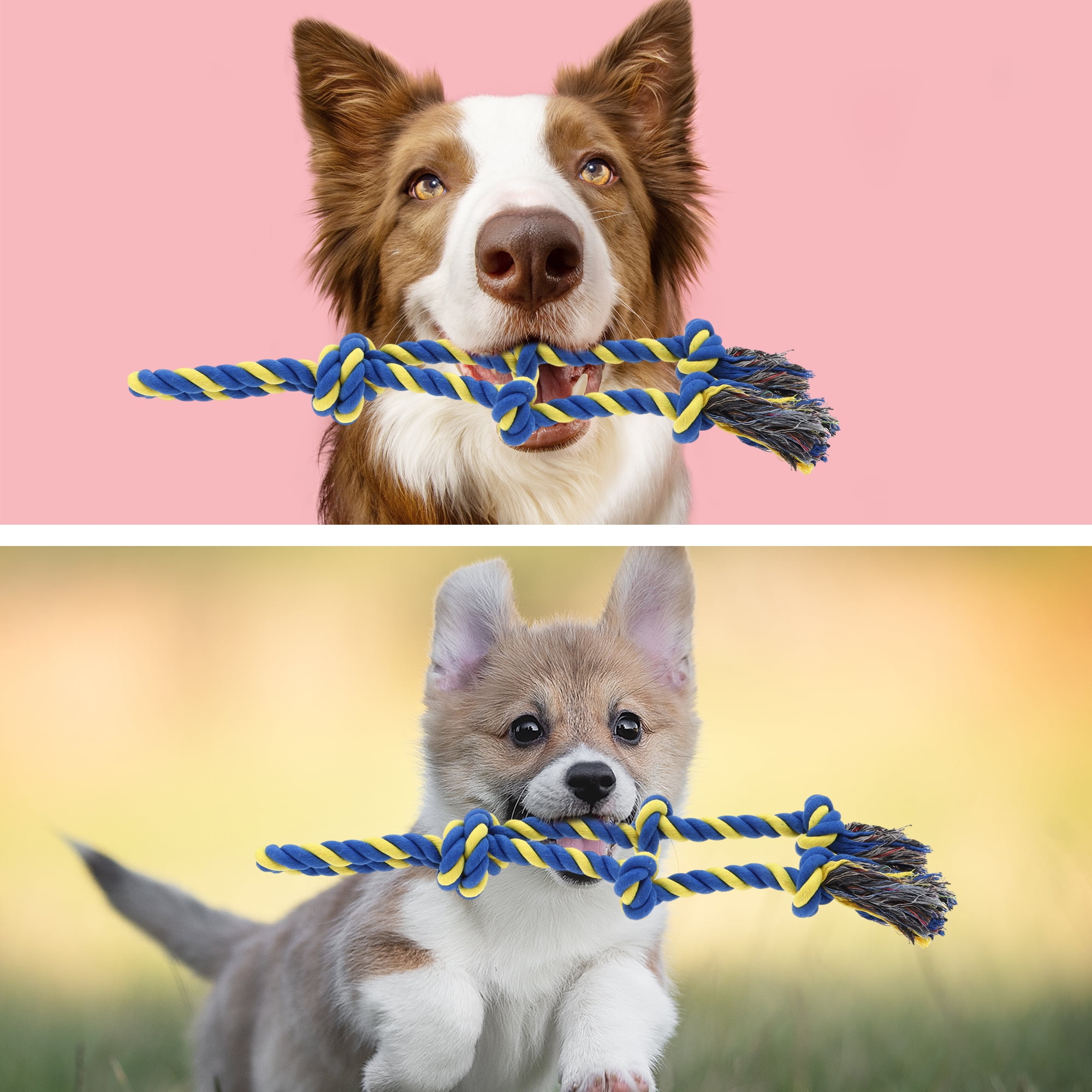 Unique Bargains Knots Shape Durable Braided Cotton Dog Chew Rope Blue Yellow