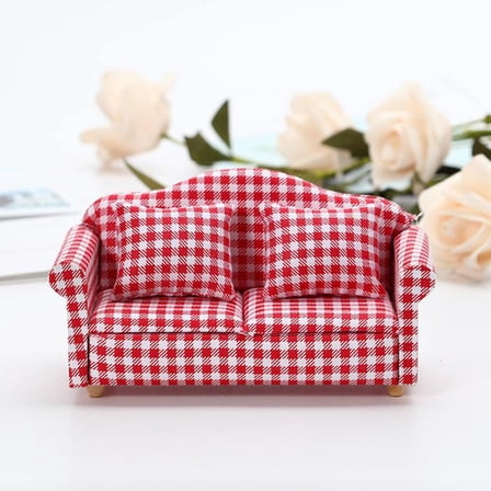 1/12 Scale Miniature Dollhouse Love Seat Sofa Armchair, Dolls House Furniture Couch, White and Red Check Pattern