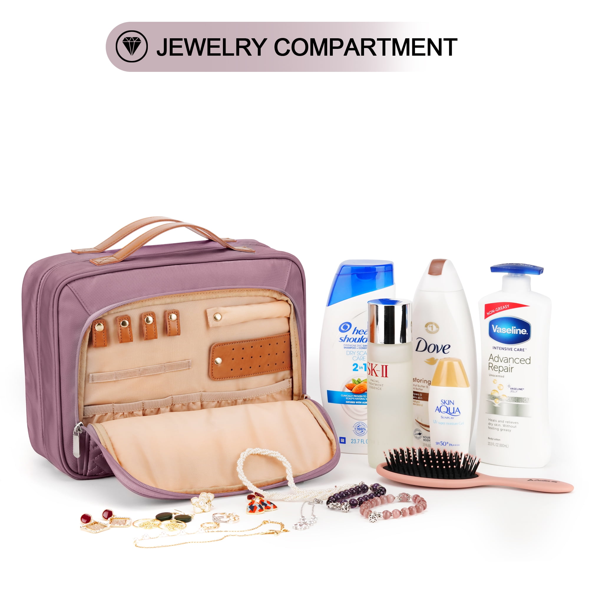 Travel Hanging Toiletry Bag for Women, Extra Large Makeup Bag, Holds Full-Size Shampoo, with Jewelry Organizer Compartment, Waterproof Cosmetic Bag, Toiletries Kit Set with Trolley Belt, Dark Purple