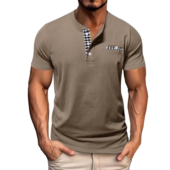 Ceisia Men's Short Sleeve Casual Crewneck T-Shirt Plaid Patchwork with Pocket Button Detail Soft Cotton Everyday Top Gifts for Father Multicolor 2X