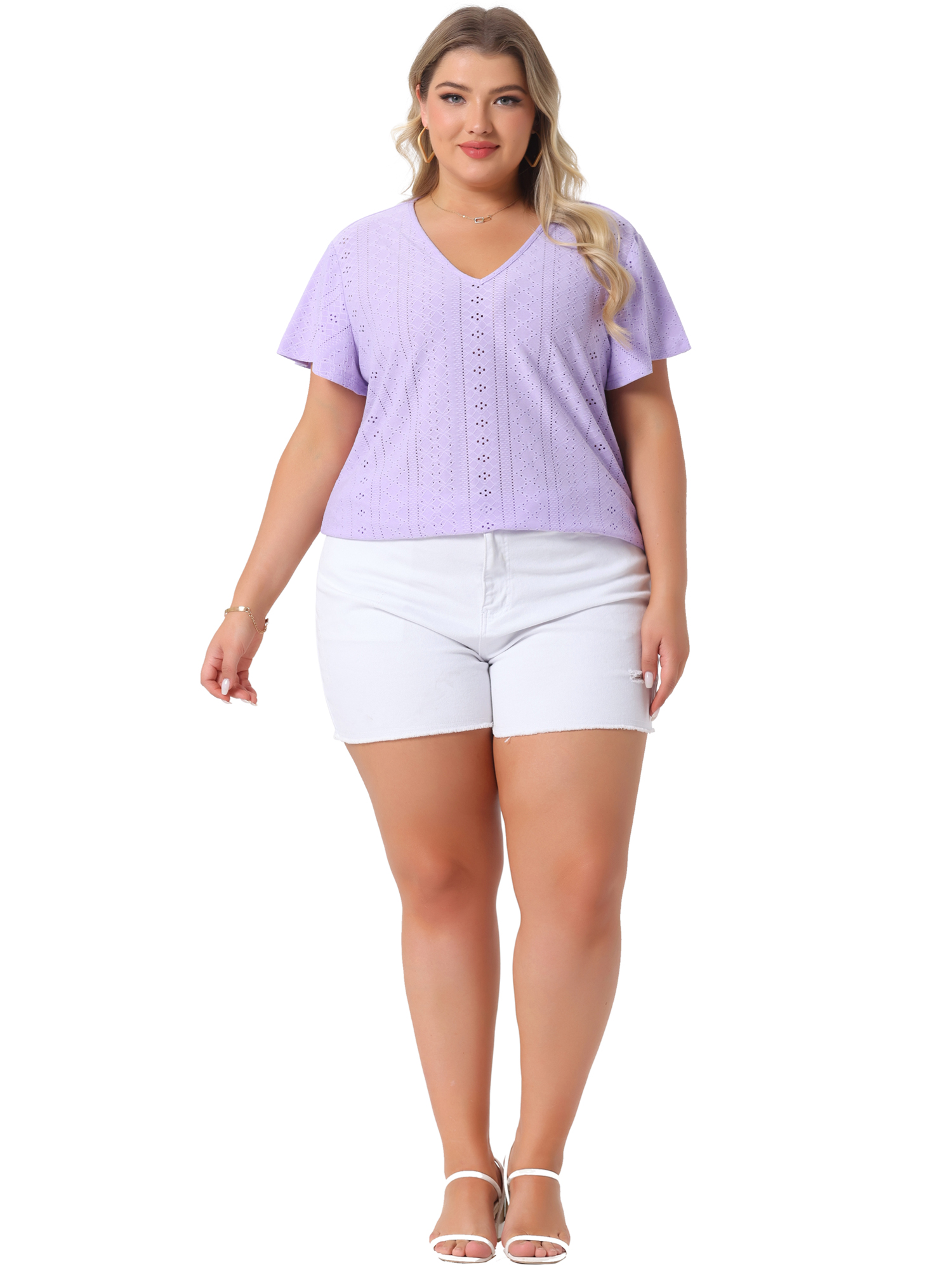 DARING DIVA Women's Plus V Neck Hollow Flare Short Sleeve Top 3X Light Purple