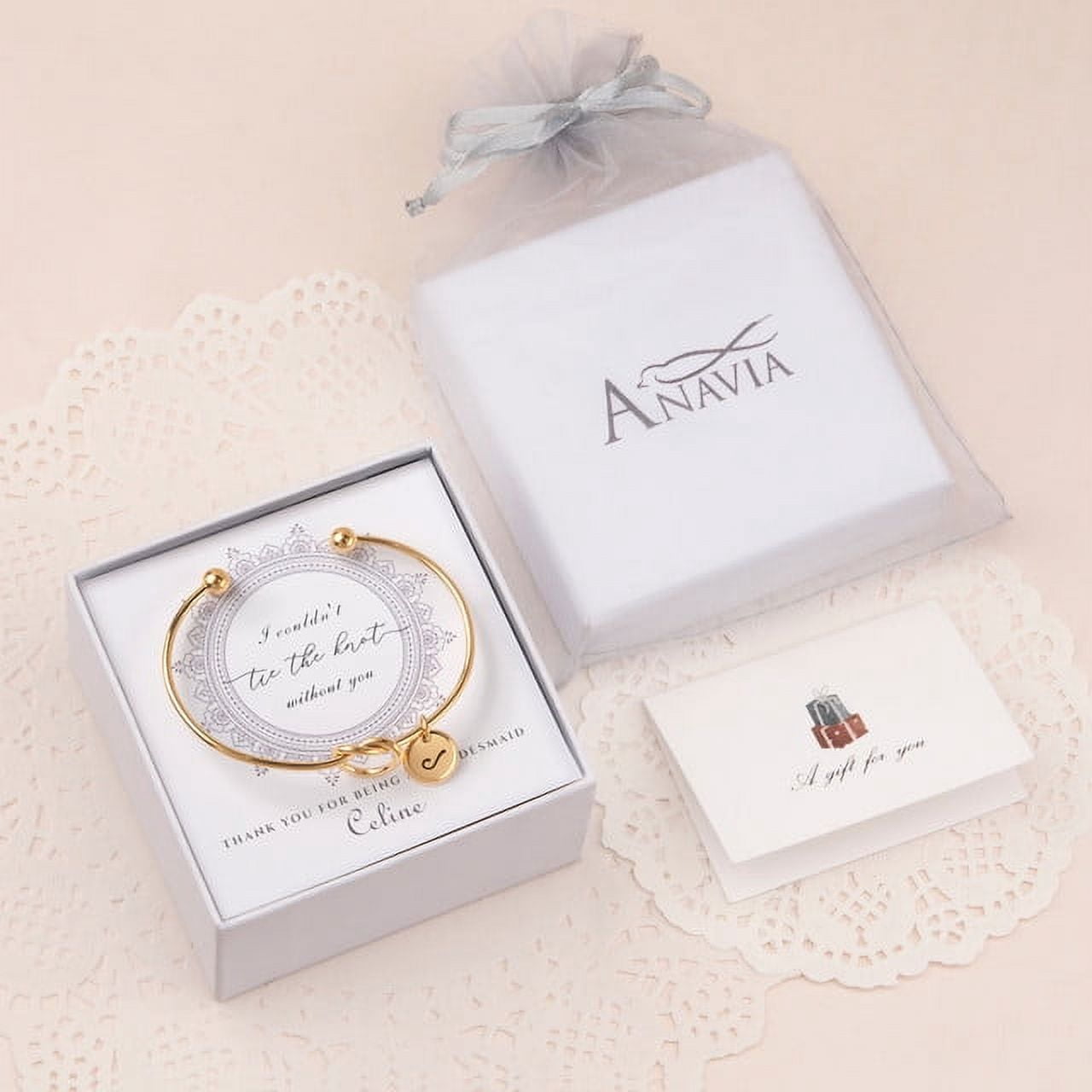 Anavia Women "I Couldn’t Tie the Knot Without You" Personalized Bridesmaid Gift, Bridesmaid Proposal Bracelet, Tie the Knot Jewelry, Custom Initial Engraving Bracelet, Bridal Party Wedding Gift Set