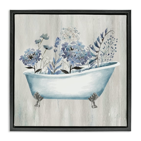 Stupell Industries Vintage Tub & Blue Florals Bath & Laundry Painting Black Floater Framed Canvas Art Print Wall Art, 18 x 18