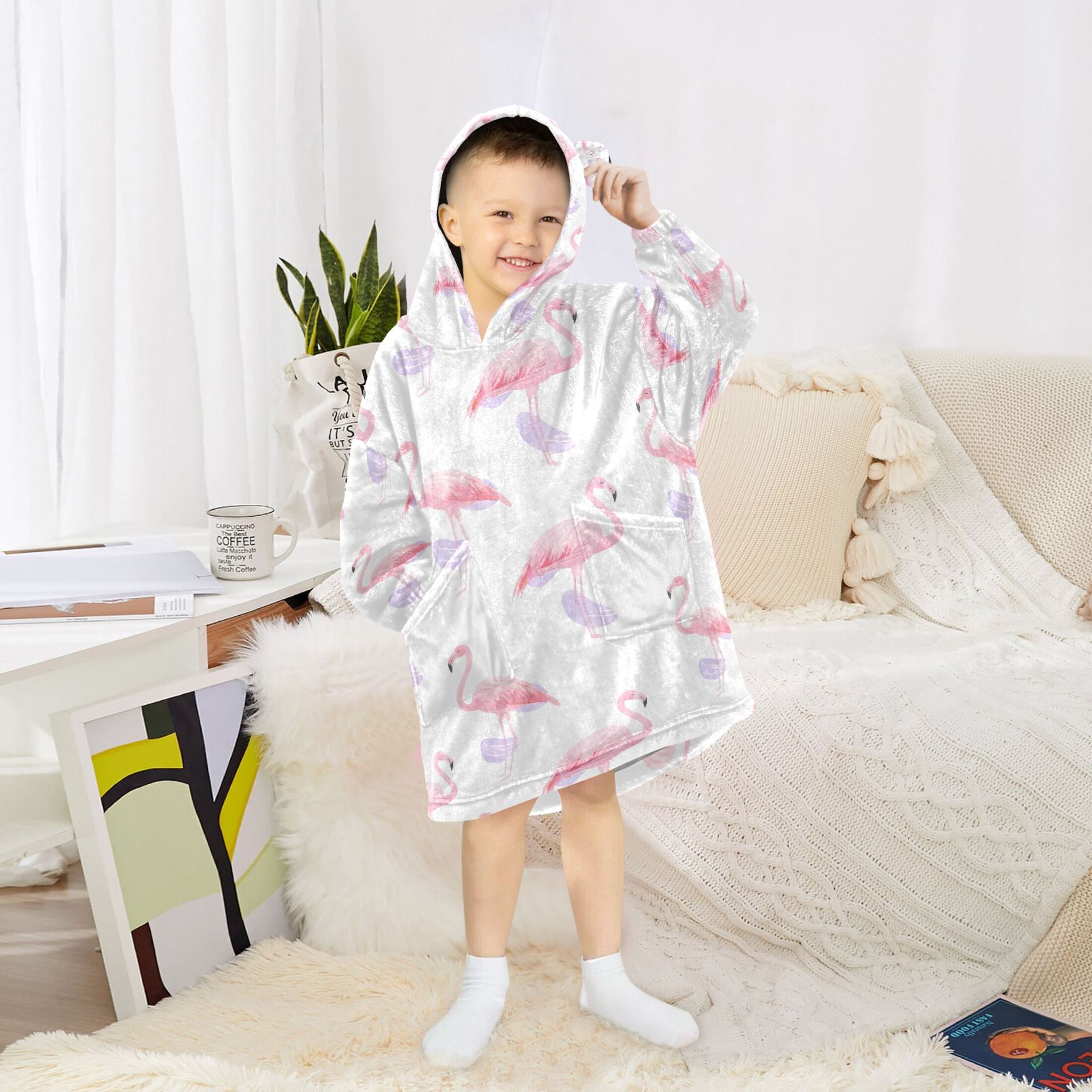 joogoo Wearable Blanket Hoodie for Flamingos Watercolor Oversized Sherpa Hooded 3-14 YR M