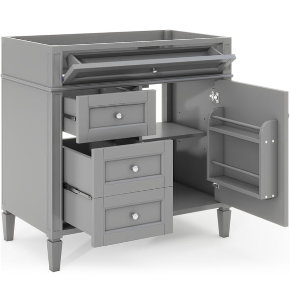 JERFIT 36 inch Modern Grey Bathroom Vanity with 2 Drawers & Tip-Out Tray, Solid Wood Storage Cabinet with Adjustable Shelf, No Top Sink Included