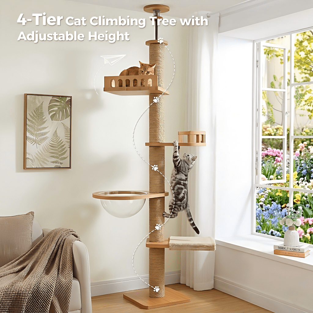 Mekidulu 9ft Floor to Ceiling Wood Cat Tree, 95"-108" Adjustable Height Tower with 4.3" Thick Posts, Brown