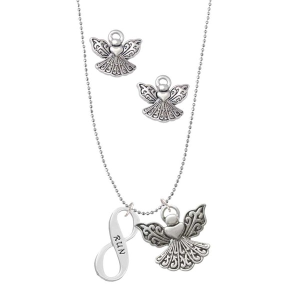Delight Jewelry Silvertone Run Infinity Sign Silver tone Guardian Angel Charm Necklace and Stud Earrings