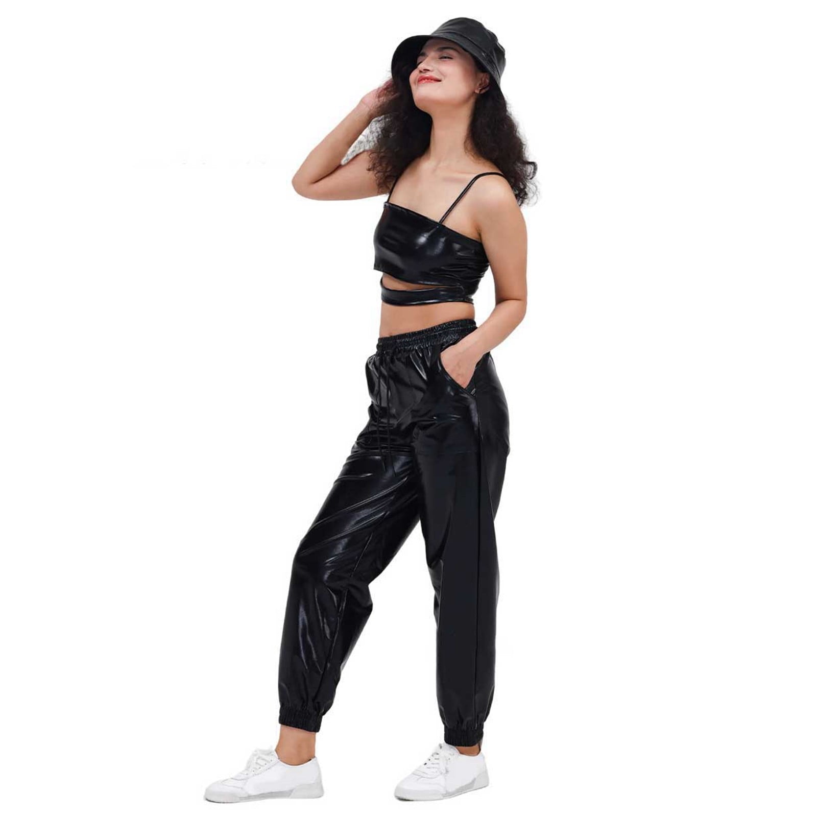 Metallic Pants Women 2026 Trendy Hop Wet Look Rave Dance Pants Holographic Glitter Pants Jogger Sweatpants with Pockets