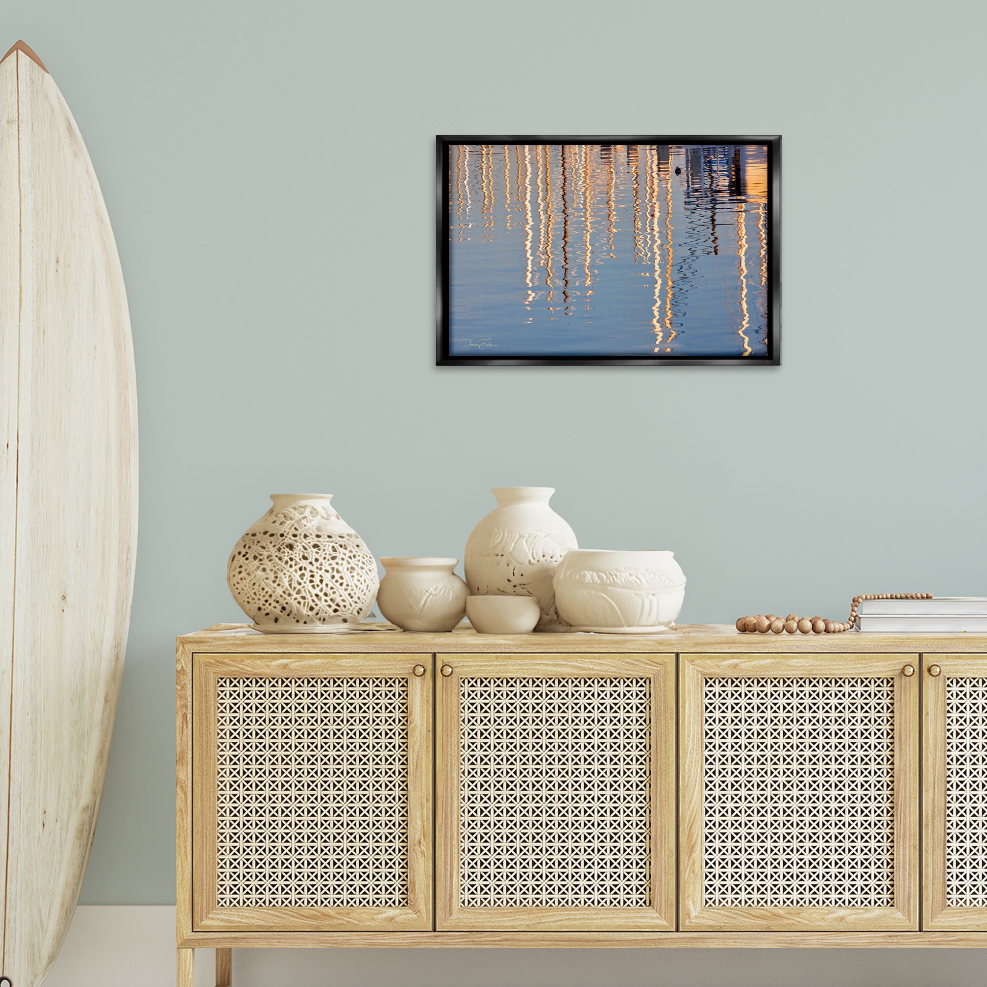 Stupell Industries Beach Post Reflections Coastal Photography Black Floater Framed Canvas Art Print Wall Art, 25 x 17