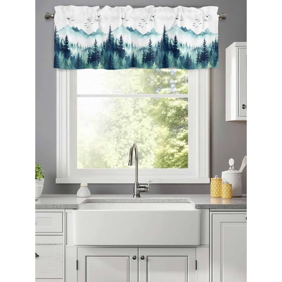 Watercolor Mountain Forest Tree Valances for Windows,Kitchen Valance Rod Pocket Short Curtain,Natural Scenic Turquoise Theme Valance Curtain Window Valances for Bedroom Living Room 42x12in