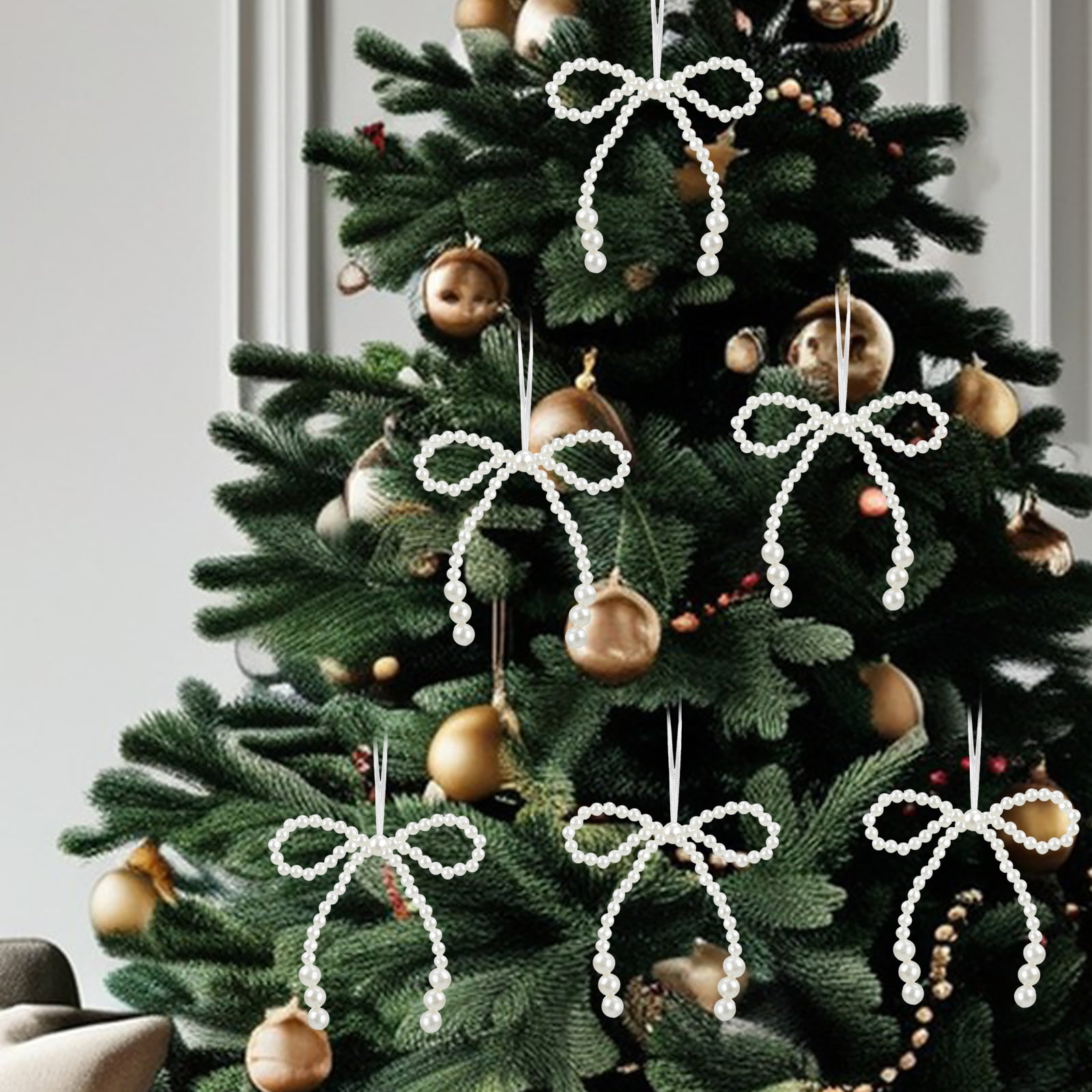 24 Pcs Pearl Bow Christmas Ornaments White Bowknot Tree Topper Decor Xmas Hanging Ornament Pendant Decoration Gift for Wedding Bridal Shower Baby Shower Birthday Indoor Decoration