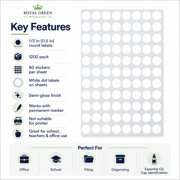 1/2 (0.5) Half Inch Round White Coding Labels--Value pack White Dot Labels -Semi gloss finish (1200 Pack)